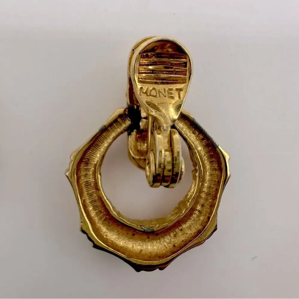 Vintage Monet Earrings Door Knocker Bamboo Earrings Clip On VTG 80s Gold tone